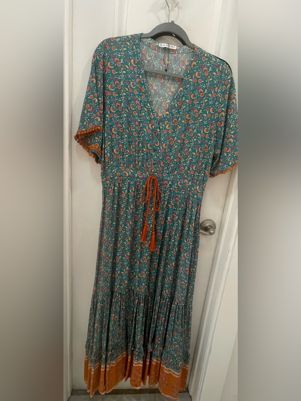 Teal Floral Tie-Waist Maxi Dress with Orange Trim